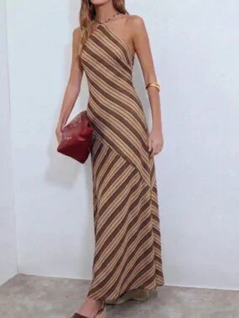 ZARA Khaki Casual Women's Striped Backless Knot Midi Halter Neck Dress